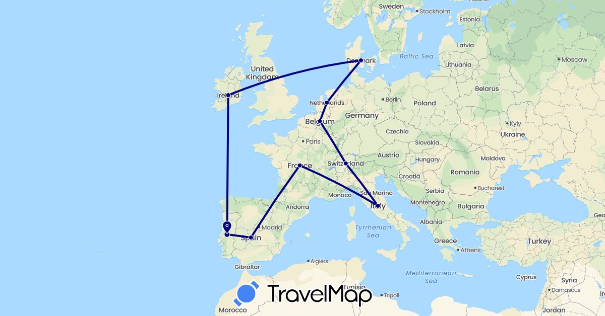 TravelMap itinerary: driving in Belgium, Switzerland, Denmark, Spain, France, Ireland, Italy, Netherlands, Portugal (Europe)